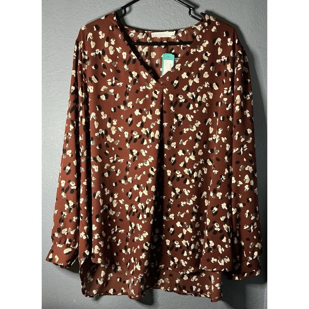 Lush Chantelli Brown V-Neck Blouse Womens Plus 3X Flowy Spotted Print Hi-Low NWT